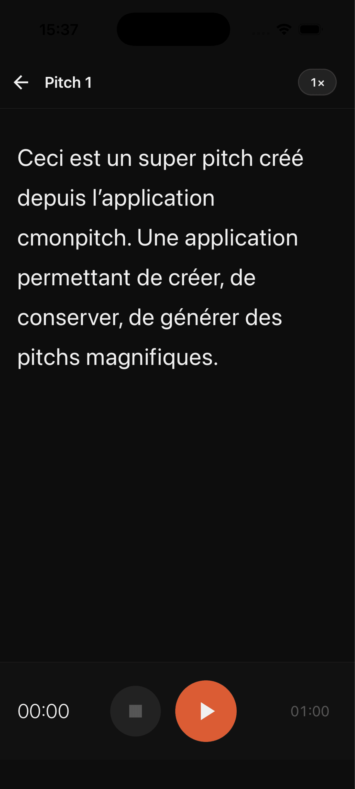 Capture d'écran du prompteur plein écran de l'application cmonpitch
